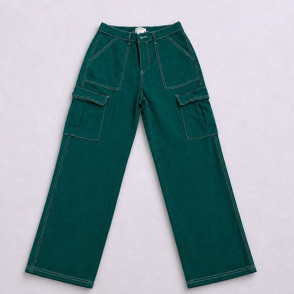 No Comment Cargo Pants Large Green Contrast Stitch Y2K Wide Leg Utility Trousers